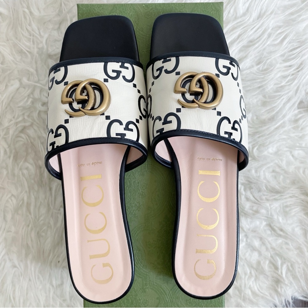 Gucci Jolie GG Marmont Slide Sandal Black White Leather size 39.5 - Picture 5 of 16